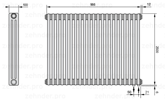 Схема (чертеж) Радиатор Zehnder Charleston 3250/21 №5510 Белый глянцевый RAL 9016